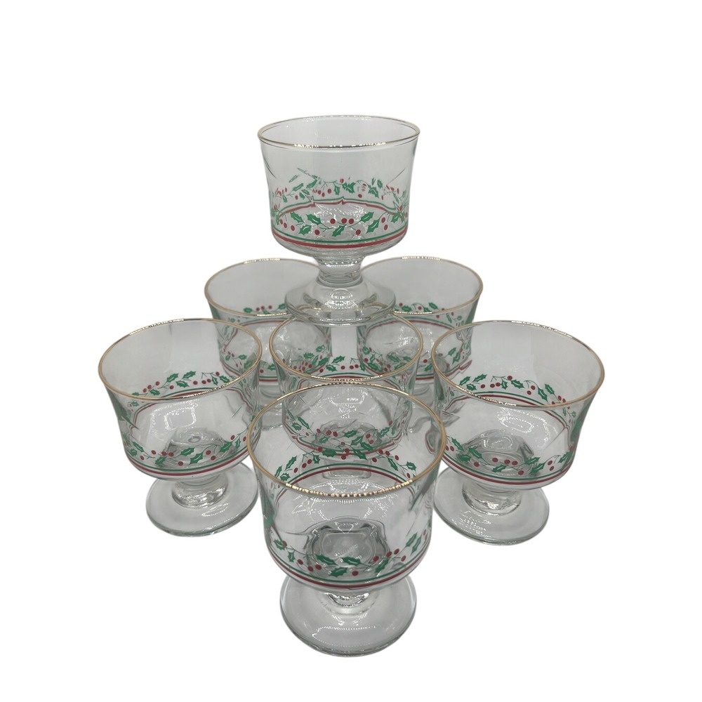 7 Vintage 1980s Libbey Arbys Christmas Holly Berry Sherbet Dessert Glasses